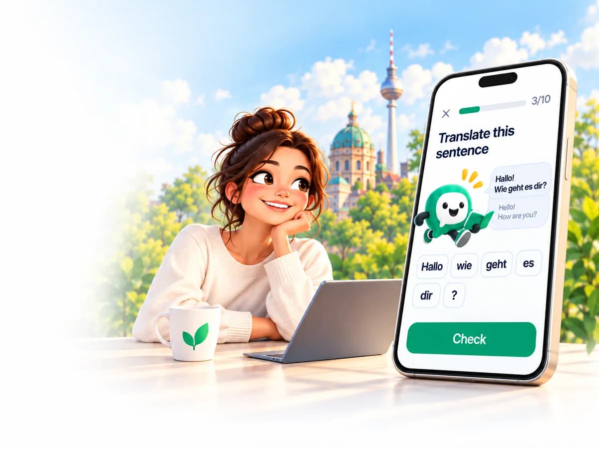 Illustration d’une personne qui apprend l’allemand à côté d’un téléphone devant Berlin